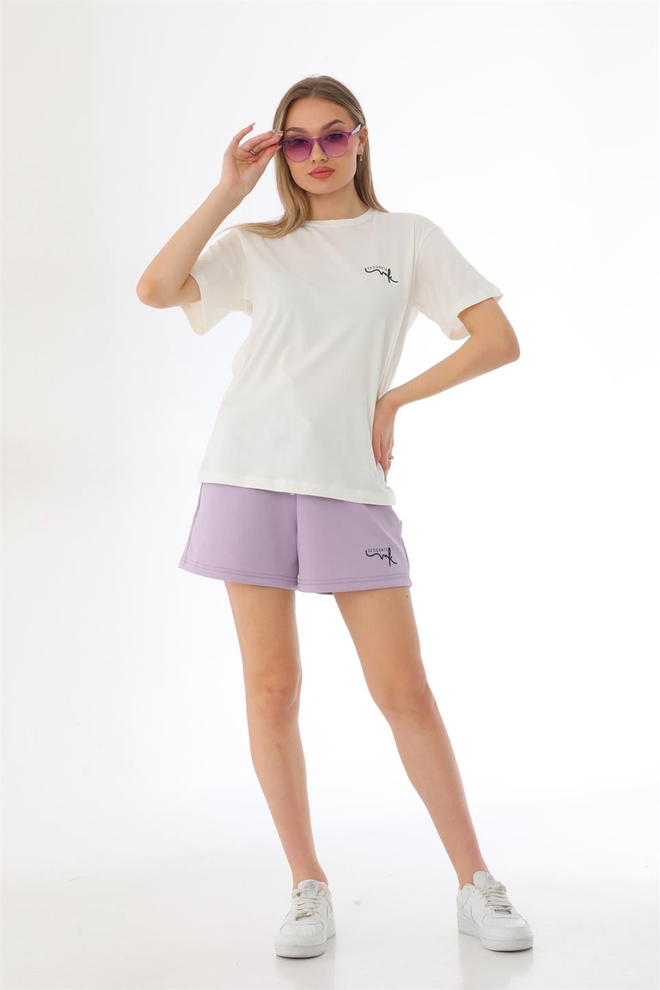 SS-1010 - Kadın T-Shirt Şort Günlük Spor Takım, Şortlu Pijama Takımı Lila -westbound