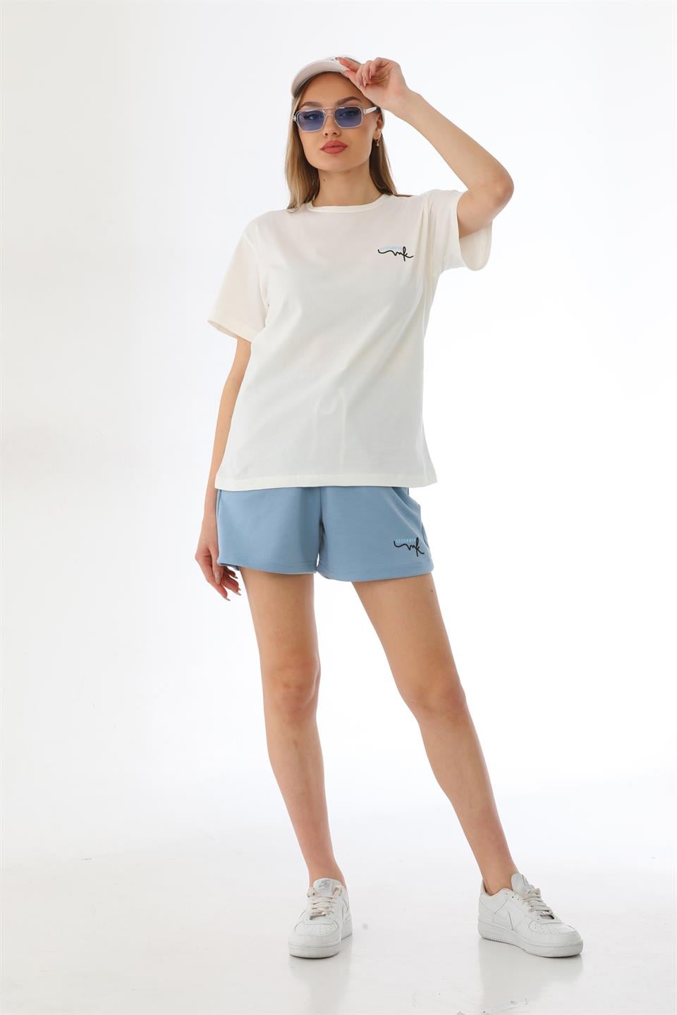 SS-1010 - Kadın T-Shirt Şort Günlük Spor Takım, Şortlu Pijama Takımı Bebe Mavi -westbound