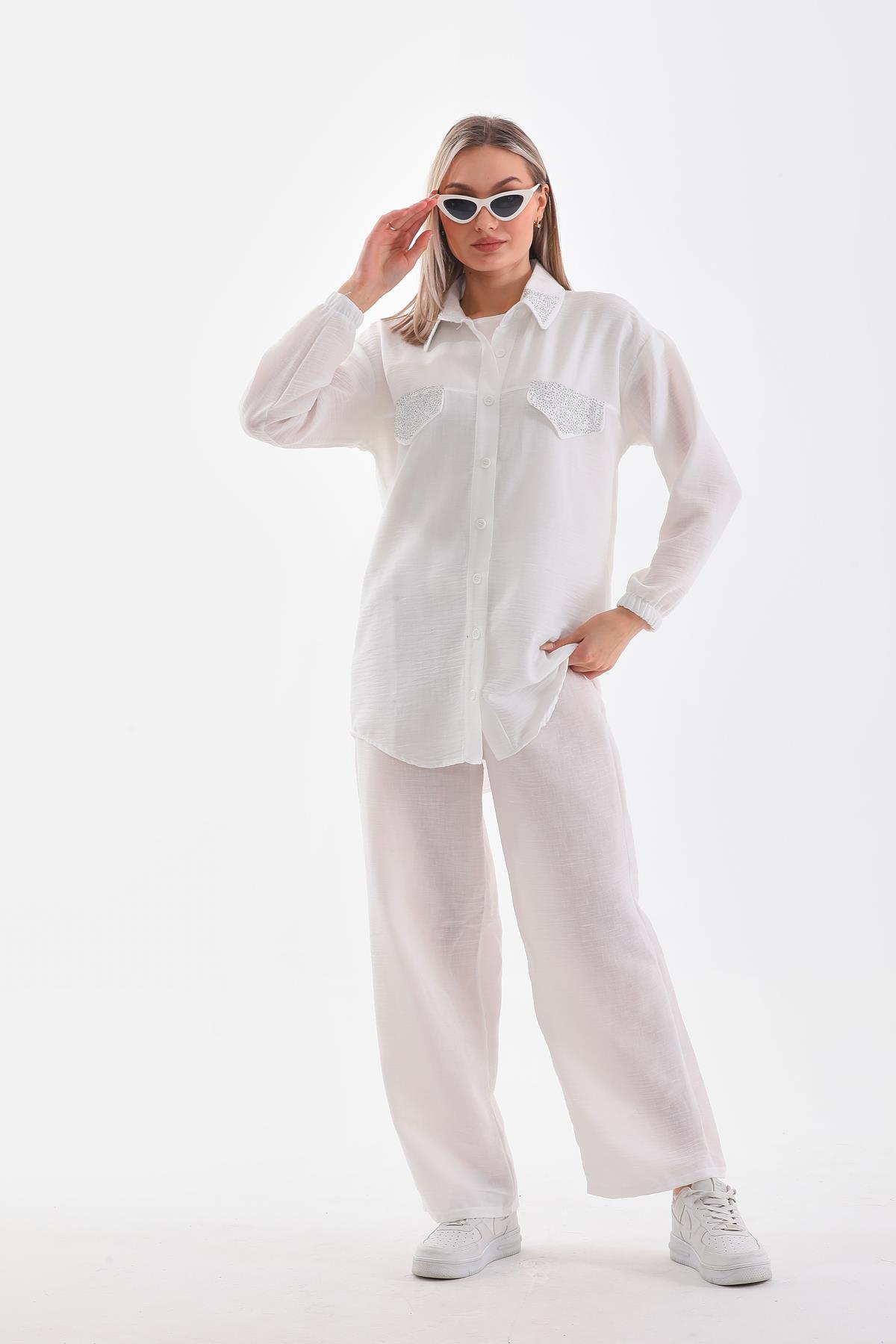 672 - Kadın Taş İşlemeli Tesettür İkili Yazlık Alt Üst Takım - Ekru -westbound