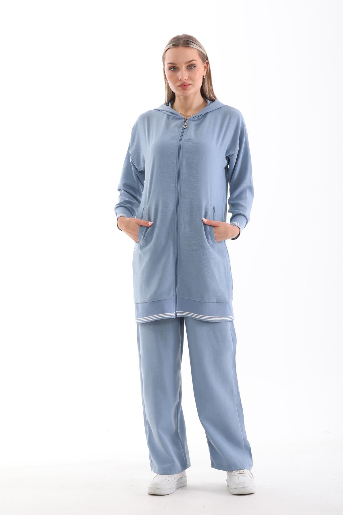 675 - Kadın Tesettür Yazlık Sweat Pantolon Alt Üst İkili Takım - Bebe Mavi -westbound