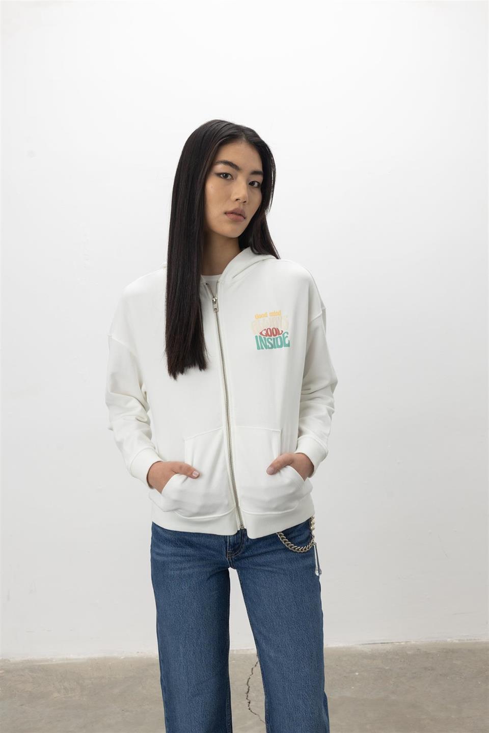 Kapüşonlu Fermuarlı Baskı Detaylı Sweatshirt