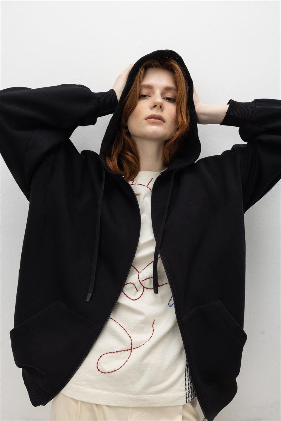 Kapüşonlu İçi Polarlı Oversize Kesim Hırka Sweat