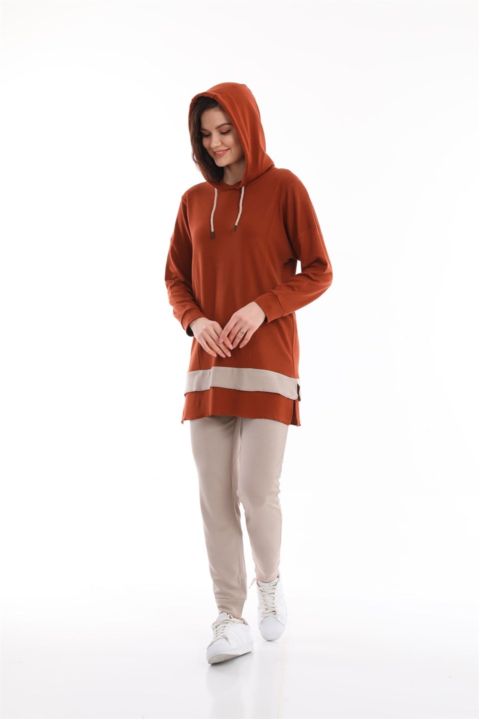 595-M6-R115 - Kiremit - Bej Kadın Kapşonlu Çift Renk Eşofman Takımı -westbound