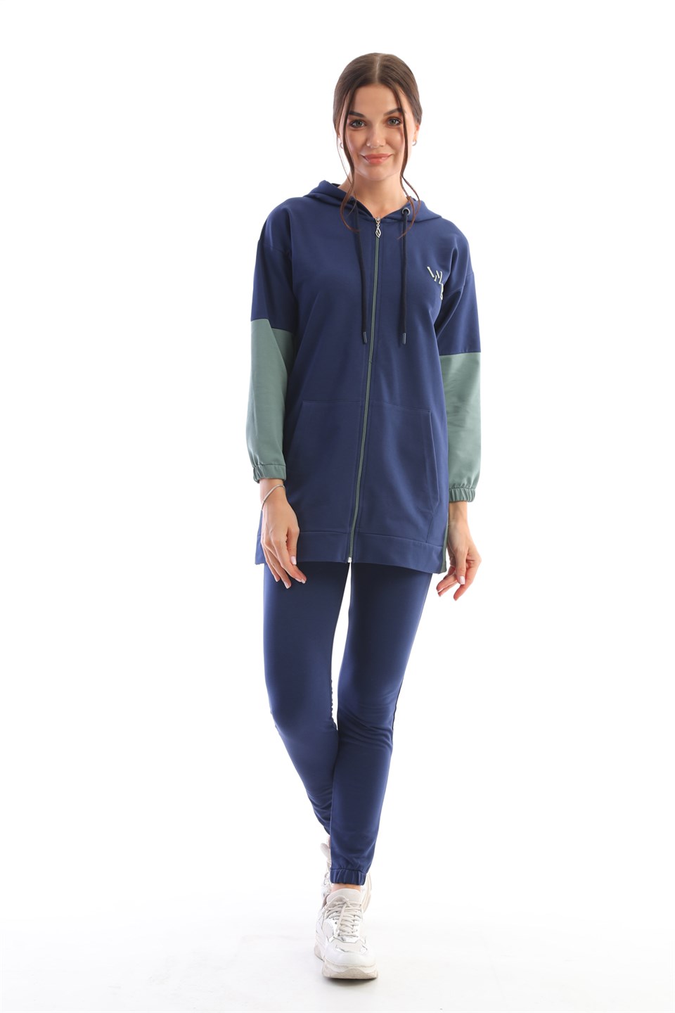 wb612--2-xl - Lacivert Mint Kadın Kapüşonlu Fermuarlı Kap- Jogger Eşofman Takımı -westbound