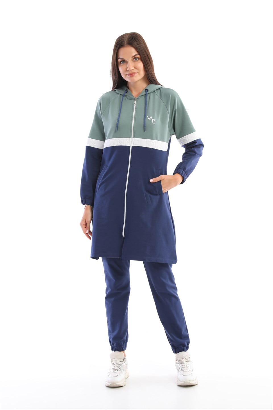 611-3-xl - Mint Lacivert Tesettür Kap Jogger Spor Takım 3 Renk Kapüşonlu -westbound