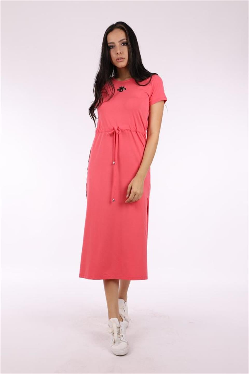 428 - Nar Çiçeği Arı Nakışlı, Şeritli, Yırtmaçlı Uzun Bağcıklı Elbise -westbound