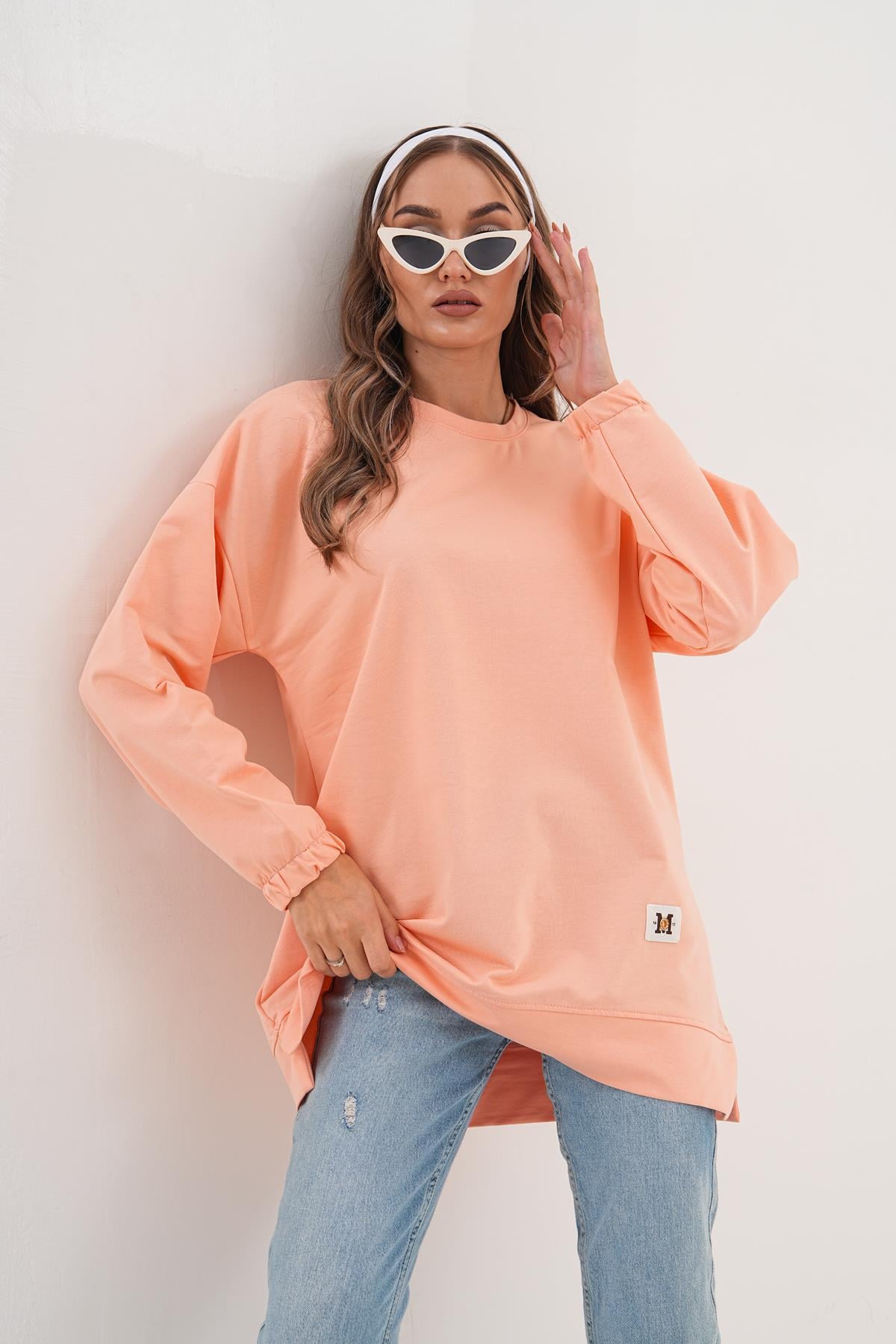710 - Pudra Düz Basic Bisiklet Yaka Uzun Kol Kadın Sweatshirt Tunik 710 -westbound
