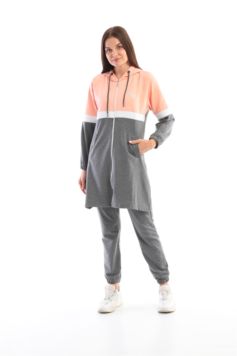 611-5-xxl - Pudra Gri Tesettür Kap Jogger Spor Takım 3 Renk Kapüşonlu -westbound