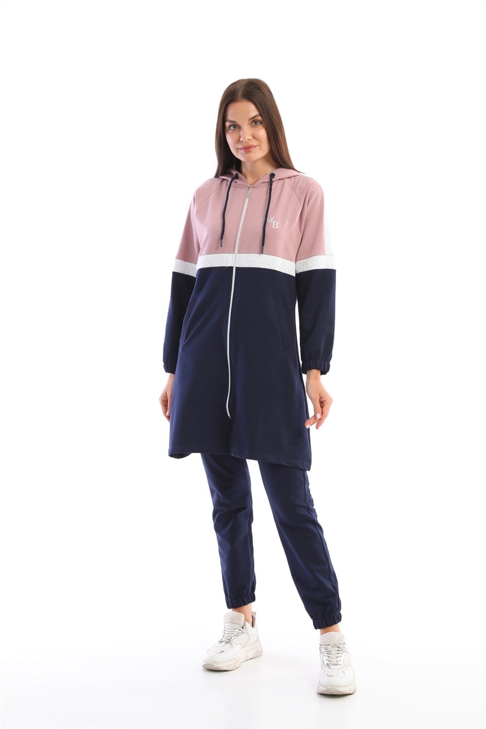 611-6-xxl - Pudra Lacivert Tesettür Kap Jogger Spor Takım 3 Renk Kapüşonlu -westbound