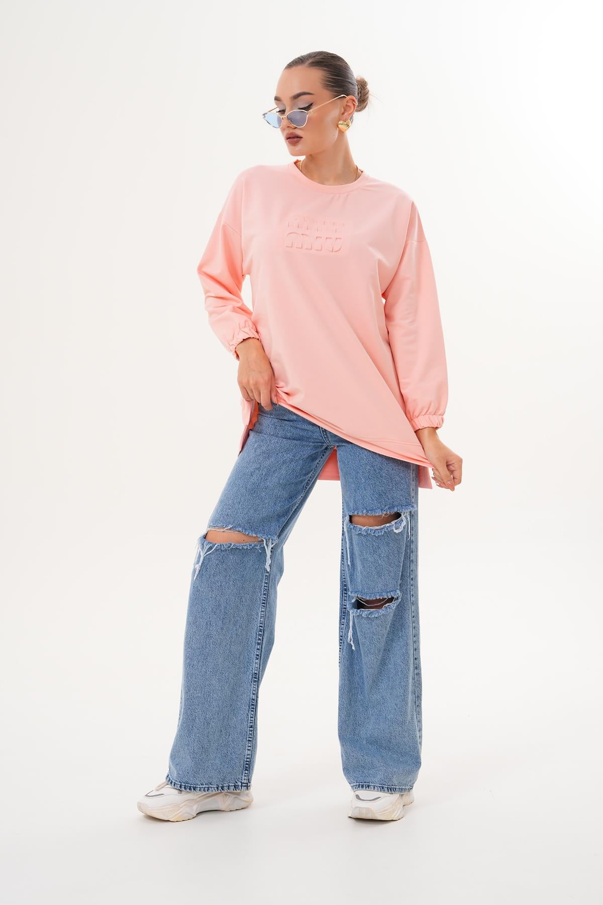 712 - PUDRA MİU Kabartma Baskı Bisiklet Yaka Tesettür Sweatshirt Tunik 712 -westbound