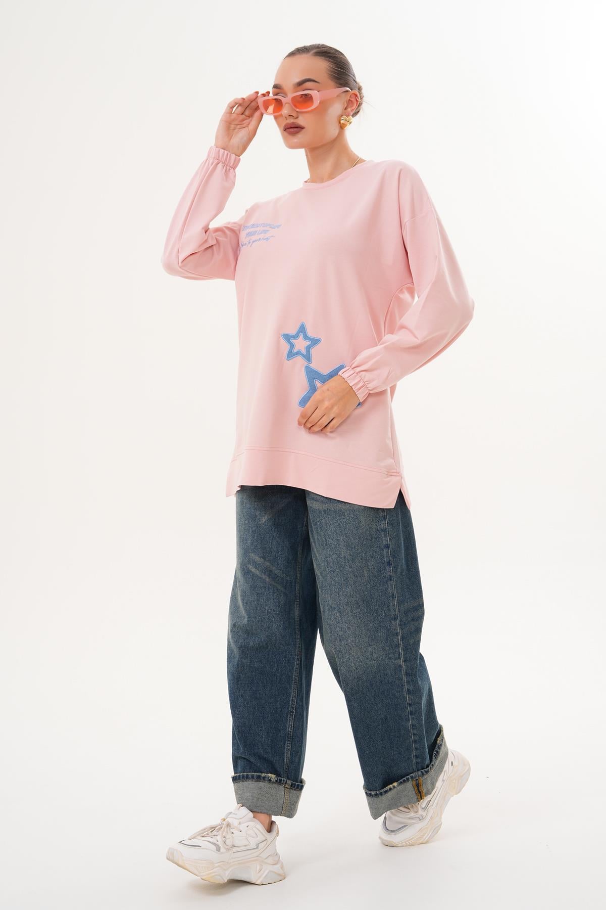 711 - Pudra Yıldız Desenli Bisiklet Yaka Kadın Sweatshirt Tunik 711 -westbound