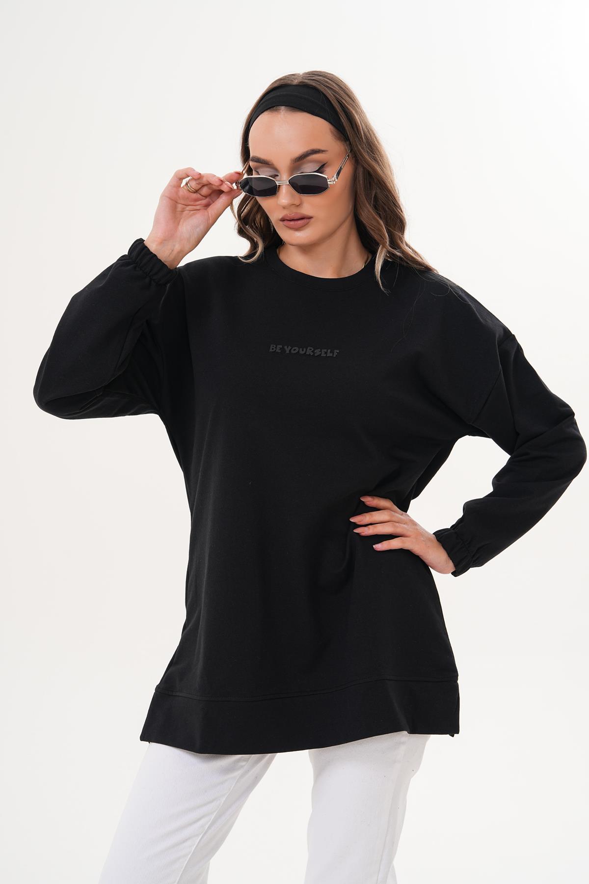 713 - Siyah Be Yourself Bisiklet Yaka Uzun Kol Kadın Sweatshirt Tunik 713 -westbound