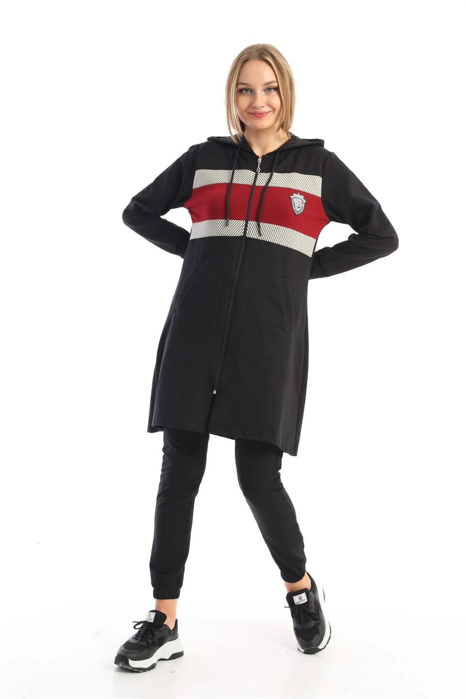 609-4-xl - Siyah Bordo Armalı Kapüşonlu Fermuarlı Spor Trenç Kap Jogger Takım -westbound