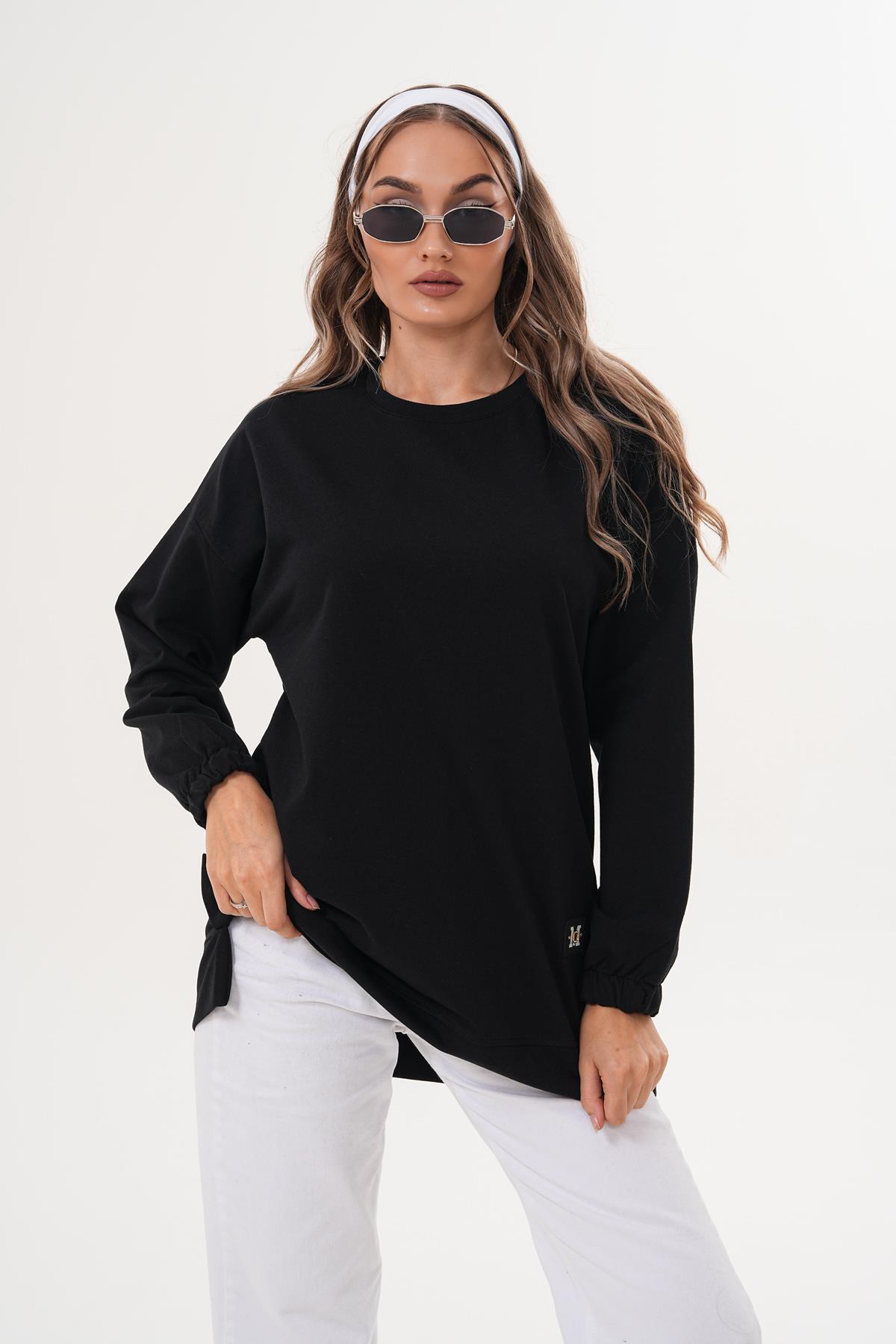 710 - Siyah Düz Basic Bisiklet Yaka Uzun Kol Kadın Sweatshirt Tunik 710 -westbound