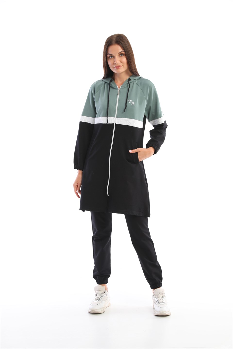 611-4-l - Siyah Mint Tesettür Kap Jogger Spor Takım 3 Renk Kapüşonlu -westbound