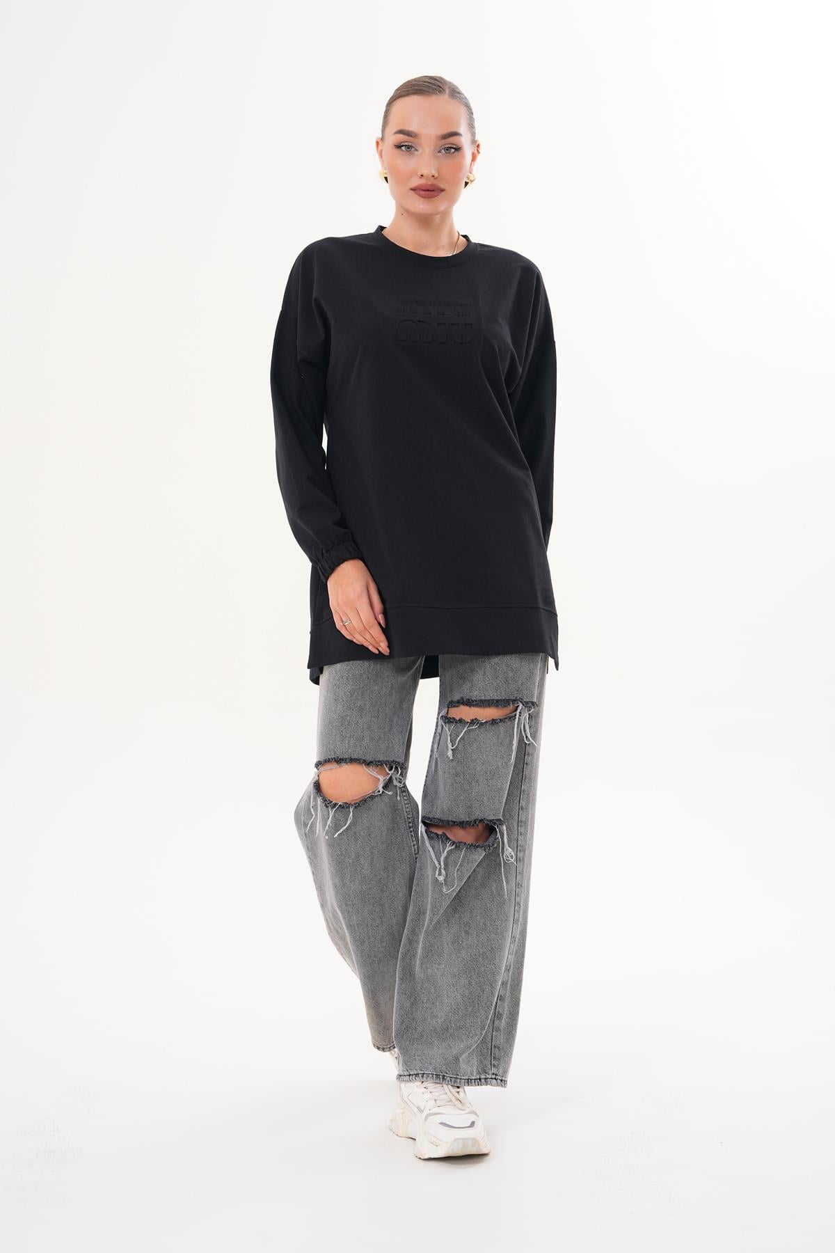 712 - SİYAH MİU Kabartma Baskı Bisiklet Yaka Tesettür Sweatshirt Tunik 712 -westbound