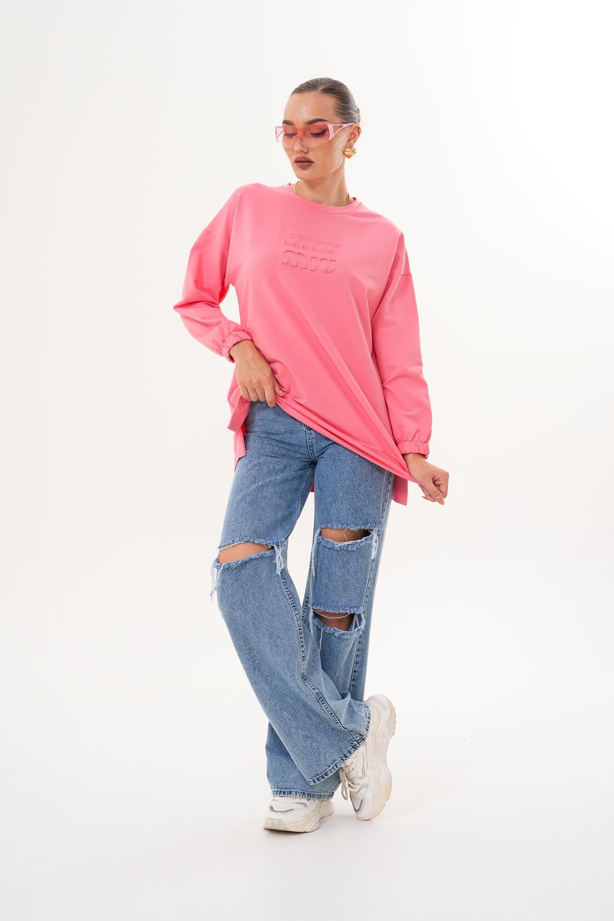 712 - SOMON MİU Kabartma Baskı Bisiklet Yaka Tesettür Sweatshirt Tunik 712 -westbound