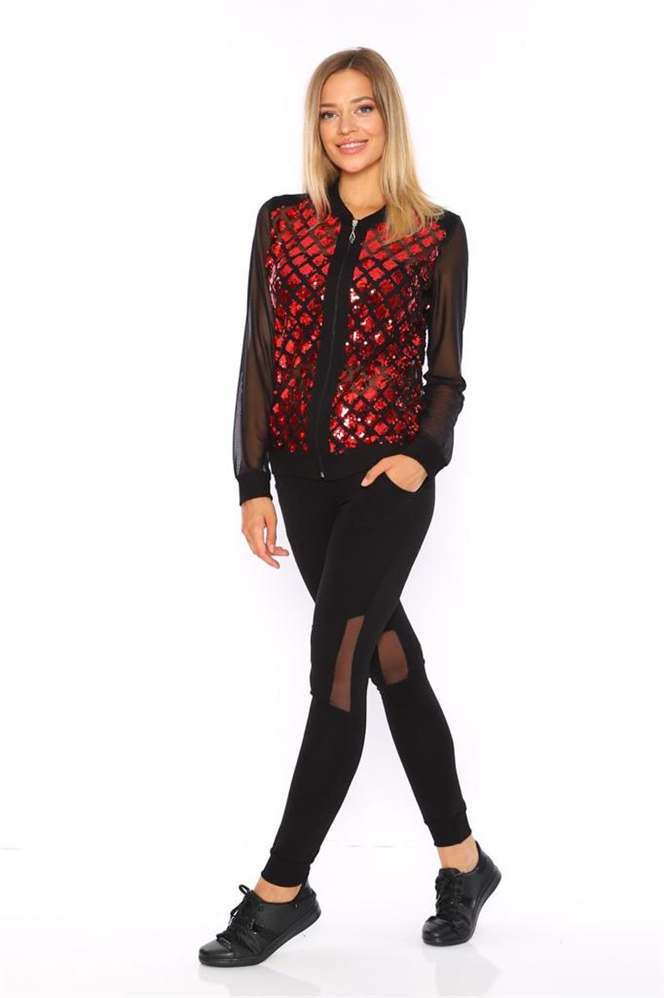 1085-1 - Trendy Transparan Pul Payet Kadın Spor Takım BORDO -westbound