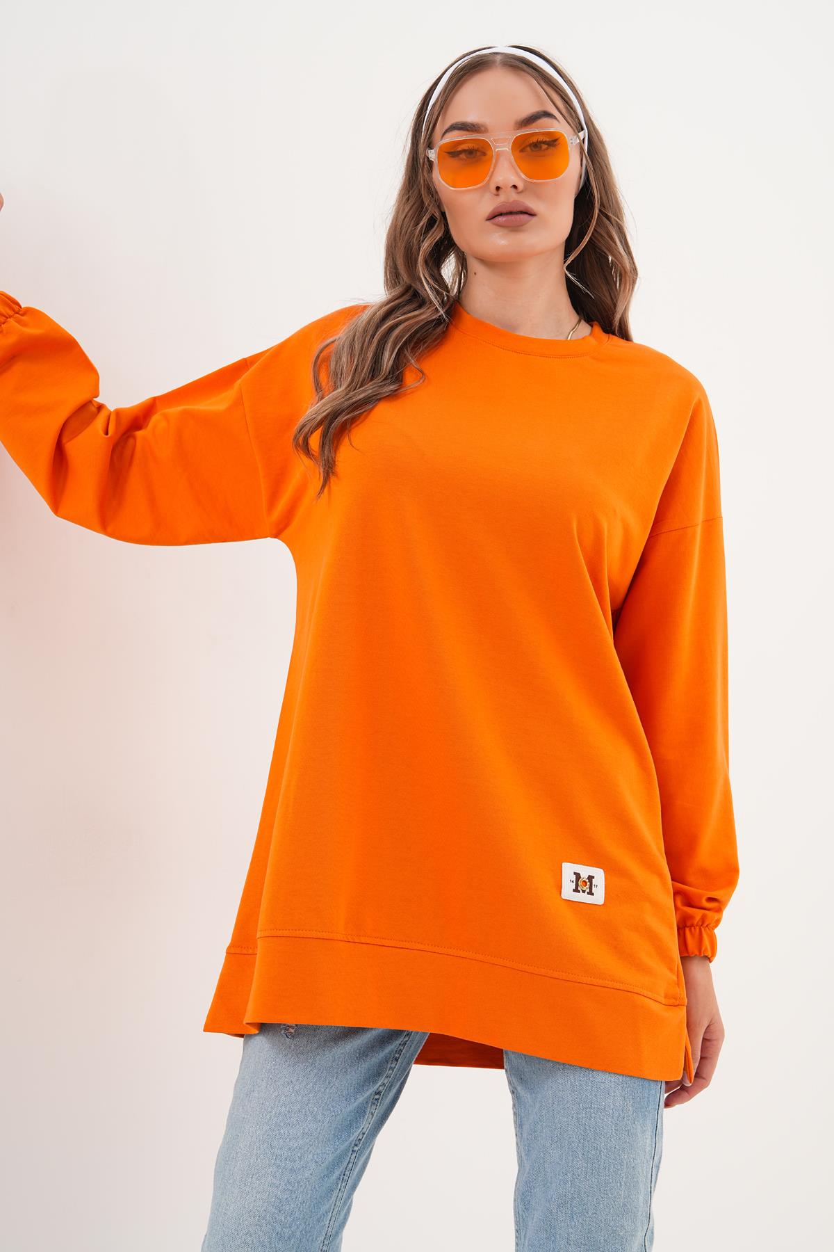 710 - Turuncu Düz Basic Bisiklet Yaka Uzun Kol Kadın Sweatshirt Tunik 710 -westbound