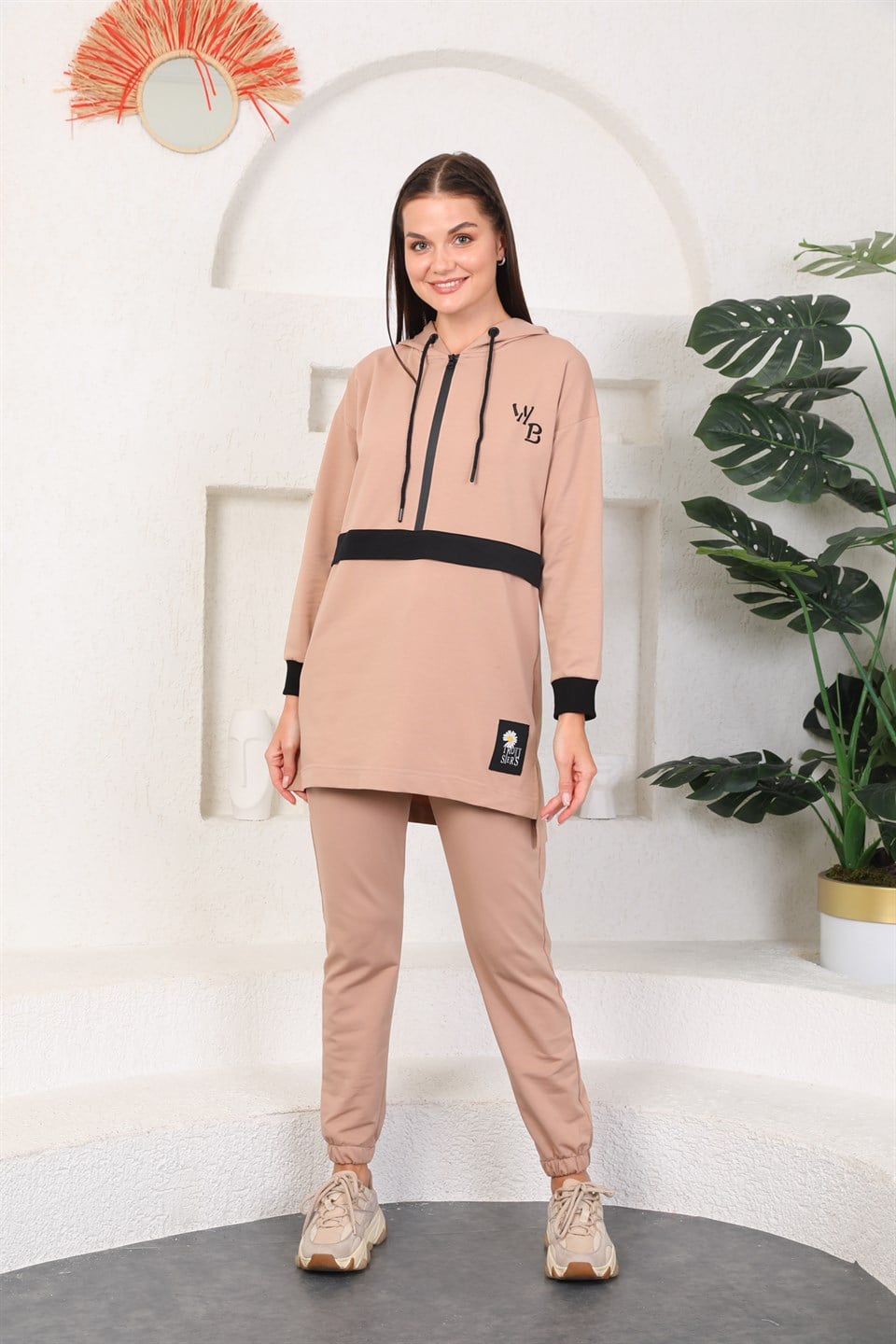 610--7-l - Vizon Renk Kadın Kapüşonlu Sweatshirt - Jogger  Spor Takım -westbound