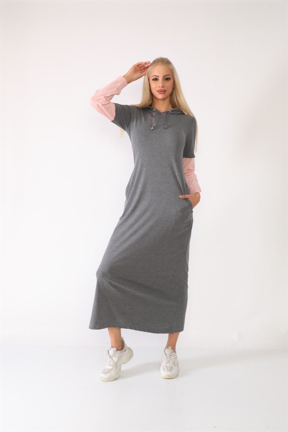 0000570 - Yeni Bayan Kapüşonlu Kol Garnili Elbise -westbound