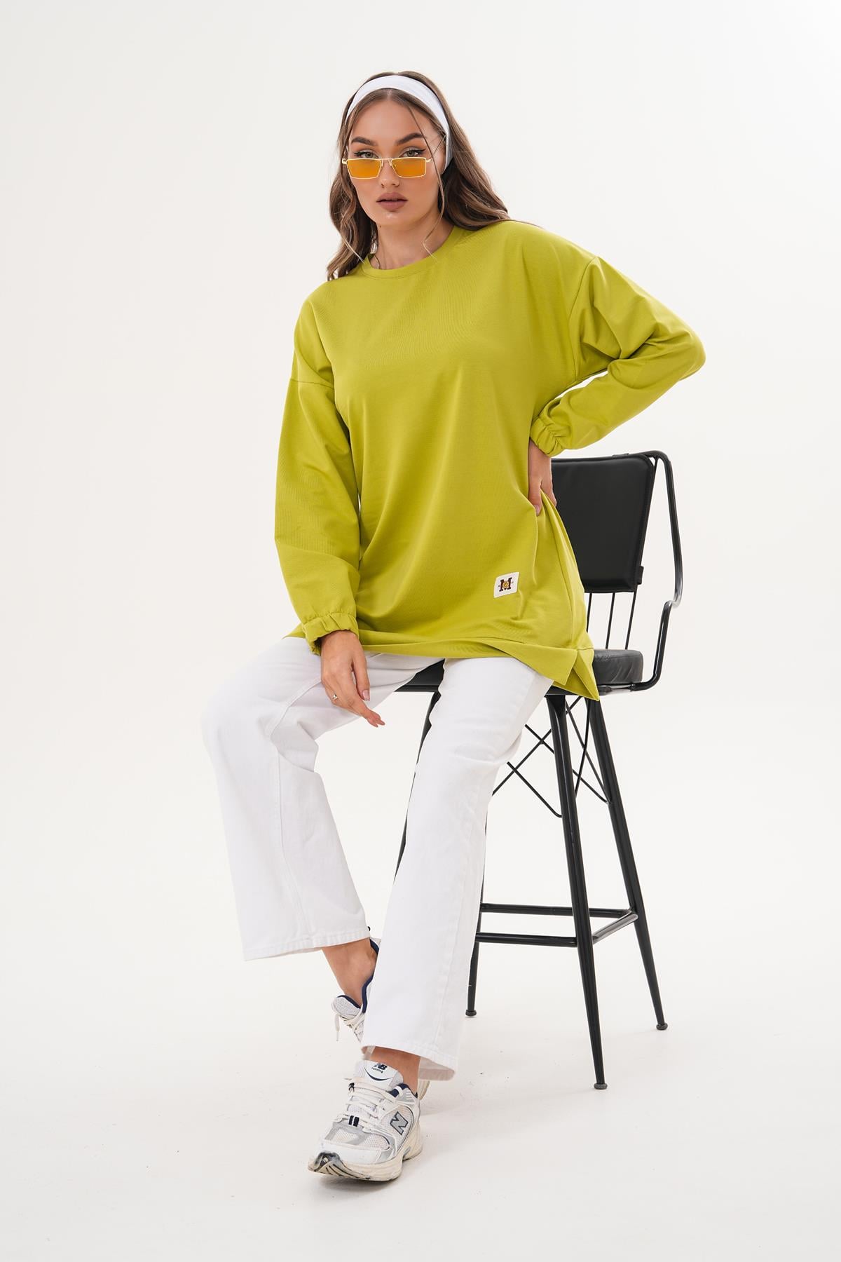 710 - Yeşil Düz Basic Bisiklet Yaka Uzun Kol Kadın Sweatshirt Tunik 710 -westbound
