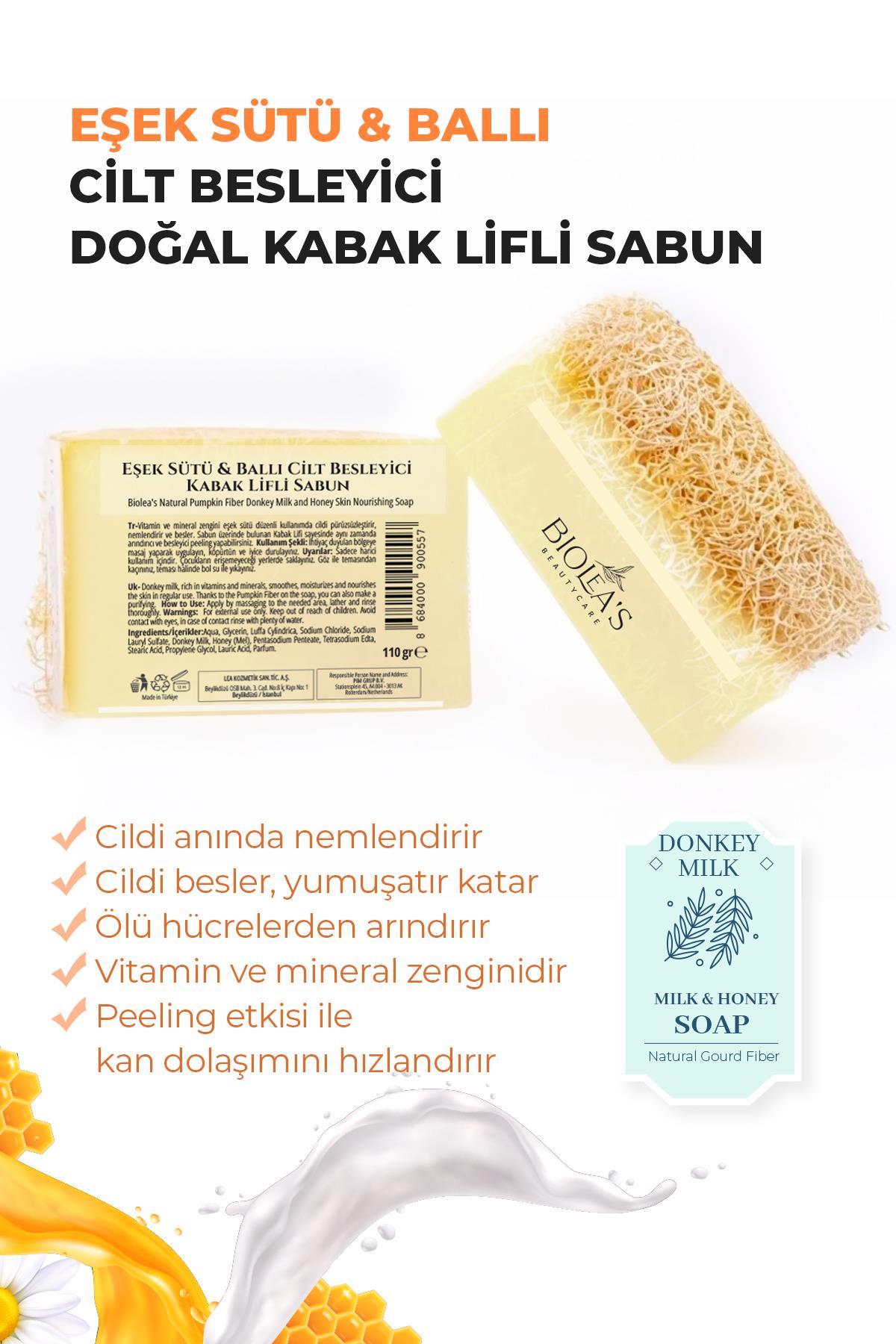 Biolea's Doğal Kabak Lifli Eşek Sütü ve Ballı Cilt Besleyici Sabun 110 gr