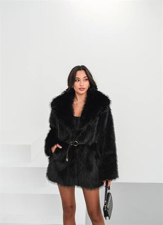 001200 Lüx Tokalı Kürk Mont - Siyah