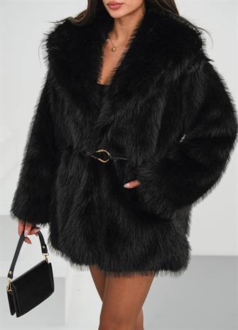 001200 Lüx Tokalı Kürk Mont - Siyah