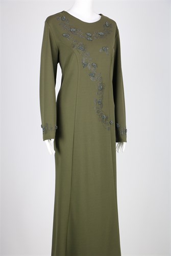 0128 Önü Ve Kollaı İncili Taş Detylı Abiye Elbise - Yeşil