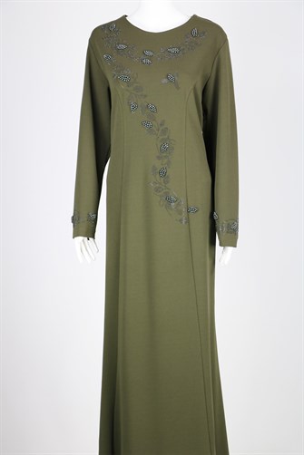 0128 Önü Ve Kollaı İncili Taş Detylı Abiye Elbise - Yeşil