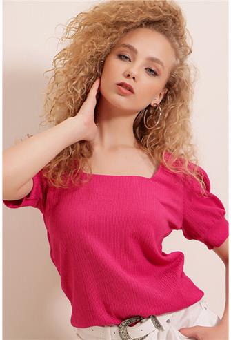 0409 Kare Yaka Örme Bluz - Fuşya