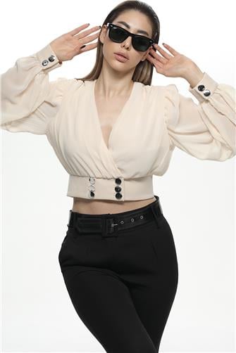 0464 Düğmeli Şifon Bluz - Krem
