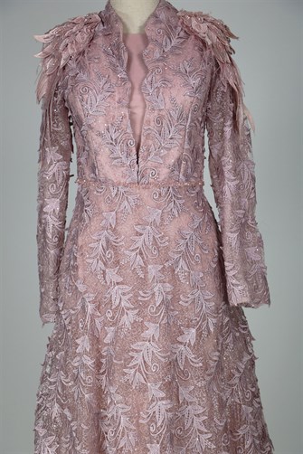 05-710 Omuzları Aplikli Güpürlü Taşlı Abiye - Gül Kurusu