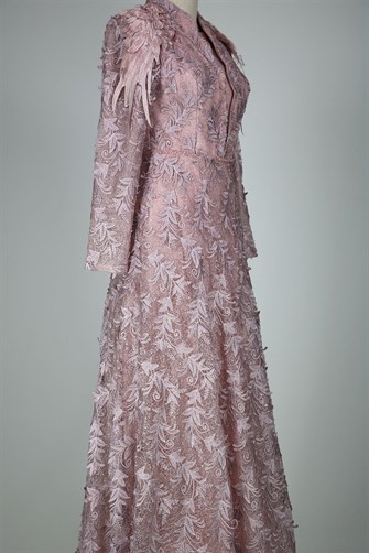 05-710 Omuzları Aplikli Güpürlü Taşlı Abiye - Gül Kurusu