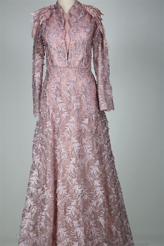 05-710 Omuzları Aplikli Güpürlü Taşlı Abiye - Gül Kurusu