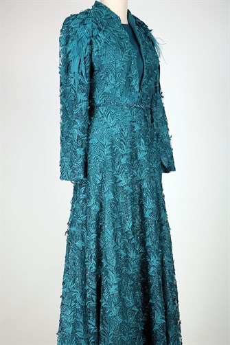 05-710 Omuzları Aplikli Güpürlü Taşlı Abiye - Petrol