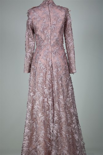 05-710 Omuzları Aplikli Güpürlü Taşlı Abiye - Gül Kurusu