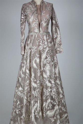 05-722 Hakim Yaka Komple İşlemeli Abiye - Vizon