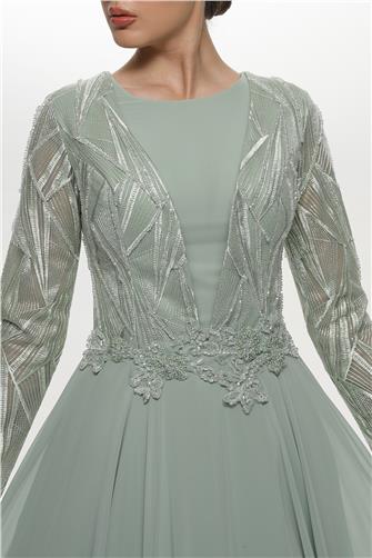 05-727 Üstü İşlemeli Eteği Şifon Abiye - Mint Yeşili