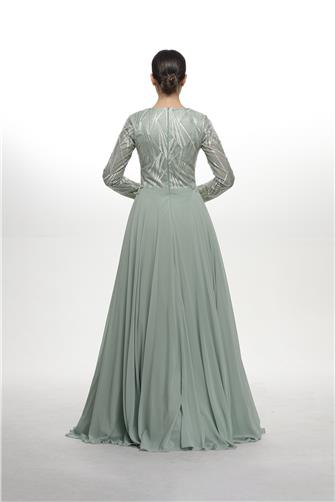 05-727 Üstü İşlemeli Eteği Şifon Abiye - Mint Yeşili