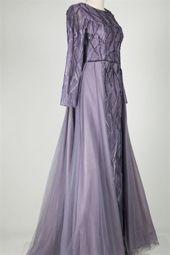 05-729 Üstü Tül Balık Elbise - Lila