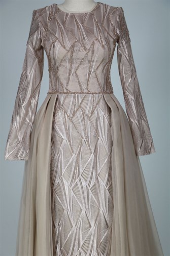 05-729 Üstü Tül Balık Elbise - Vizon