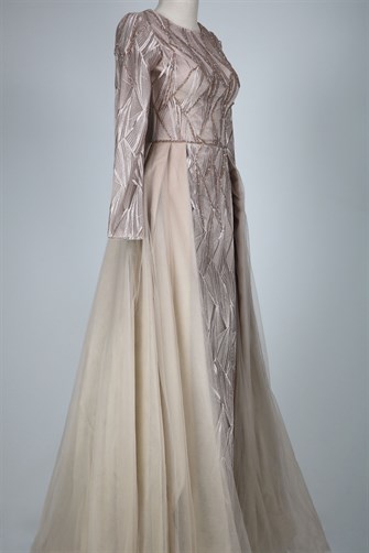 05-729 Üstü Tül Balık Elbise - Vizon