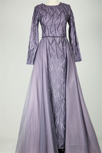 05-729 Üstü Tül Balık Elbise - Lila