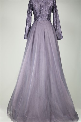 05-729 Üstü Tül Balık Elbise - Lila