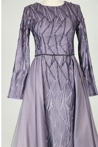 05-729 Üstü Tül Balık Elbise - Lila