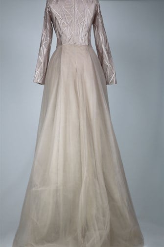 05-729 Üstü Tül Balık Elbise - Vizon