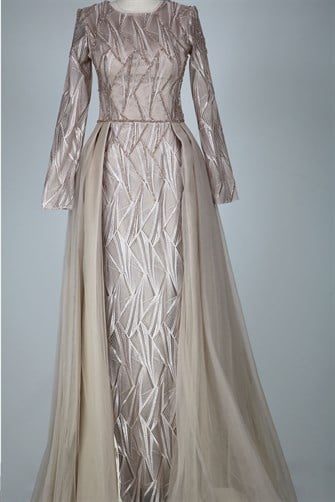 05-729 Üstü Tül Balık Elbise - Vizon