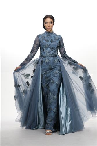 05-734 Üstü Tül İşlemeli Balık Elbise - İndigo